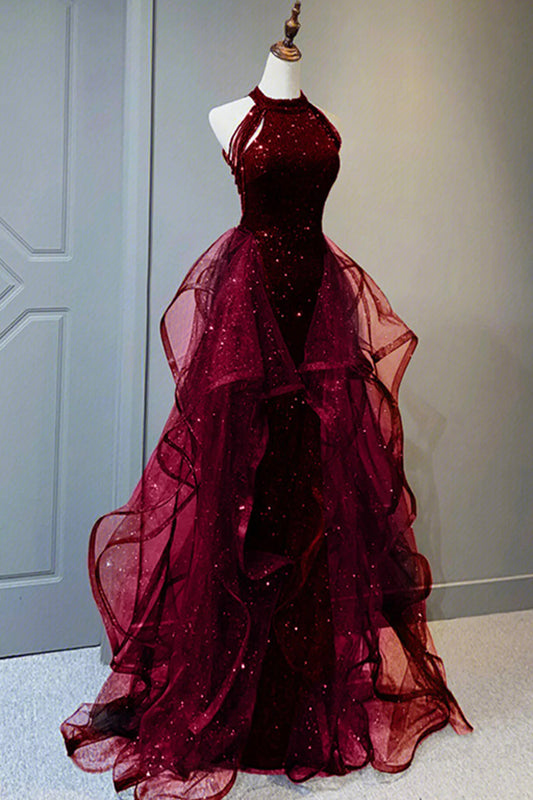 Shiny Burgundy Tulle Sequins Long Prom Dress Banquet Gown Halter Tulle Ruffles Formal Dress