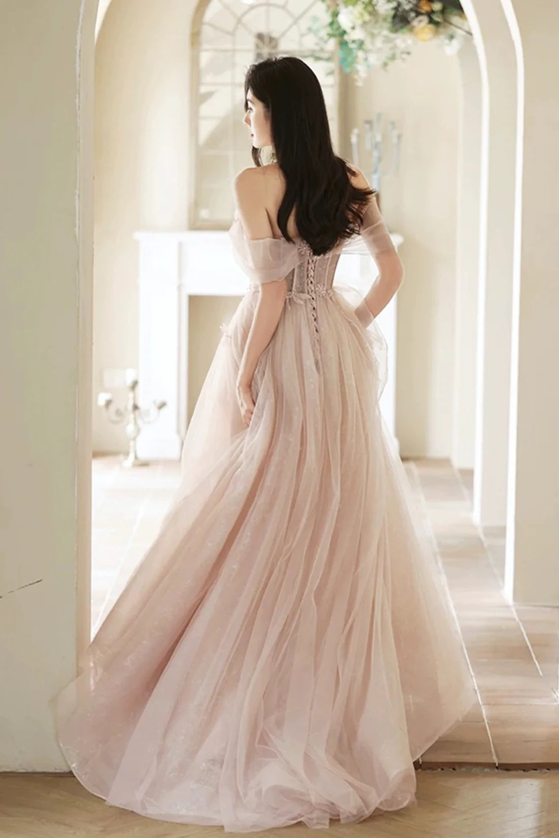 Pink Corset Evening Dress Luxury Pink Princess Formal Dress A-Line Off Shoulder Sweet 16 Birthday Party Gown