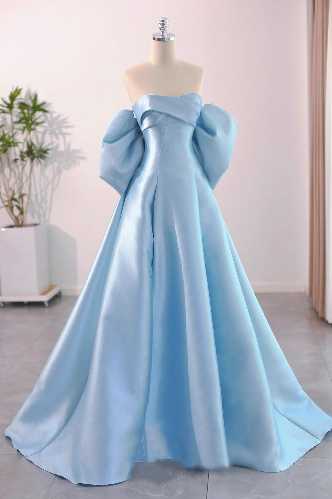 Beautiful Blue Satin Back Big Bow A-Line Evening Formal Dress Women's Party Dress