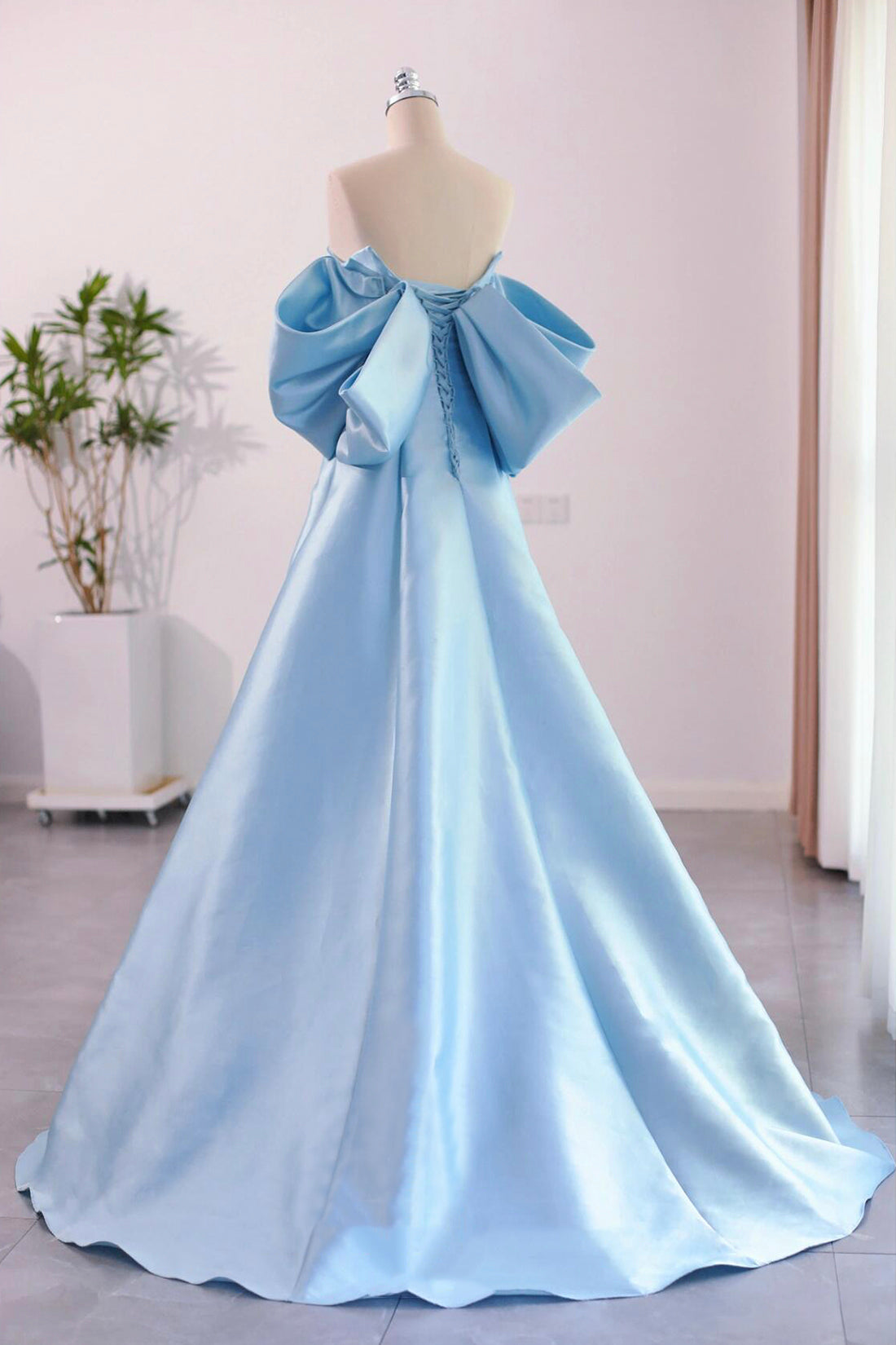 Beautiful Blue Satin Back Big Bow A-Line Evening Formal Dress Women's Party Dress