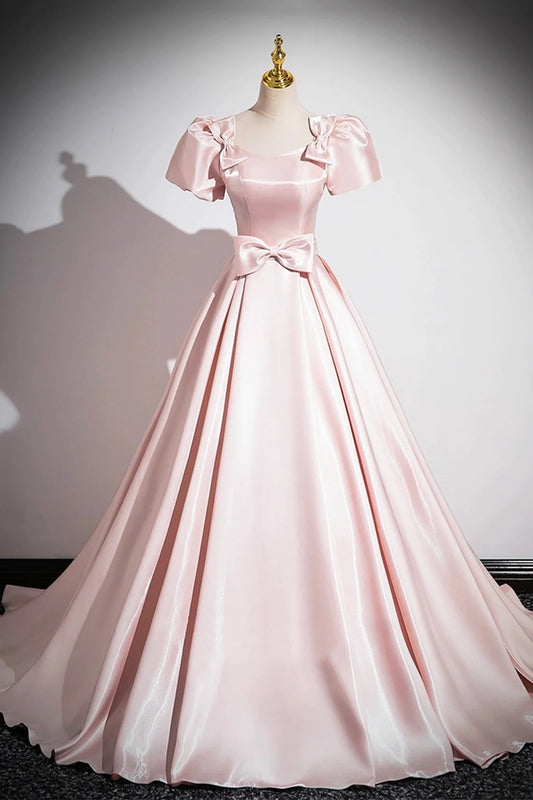 Charming Pink Satin Floor Length A-Line Evening Formal Dress Women's Party Dress with Bow