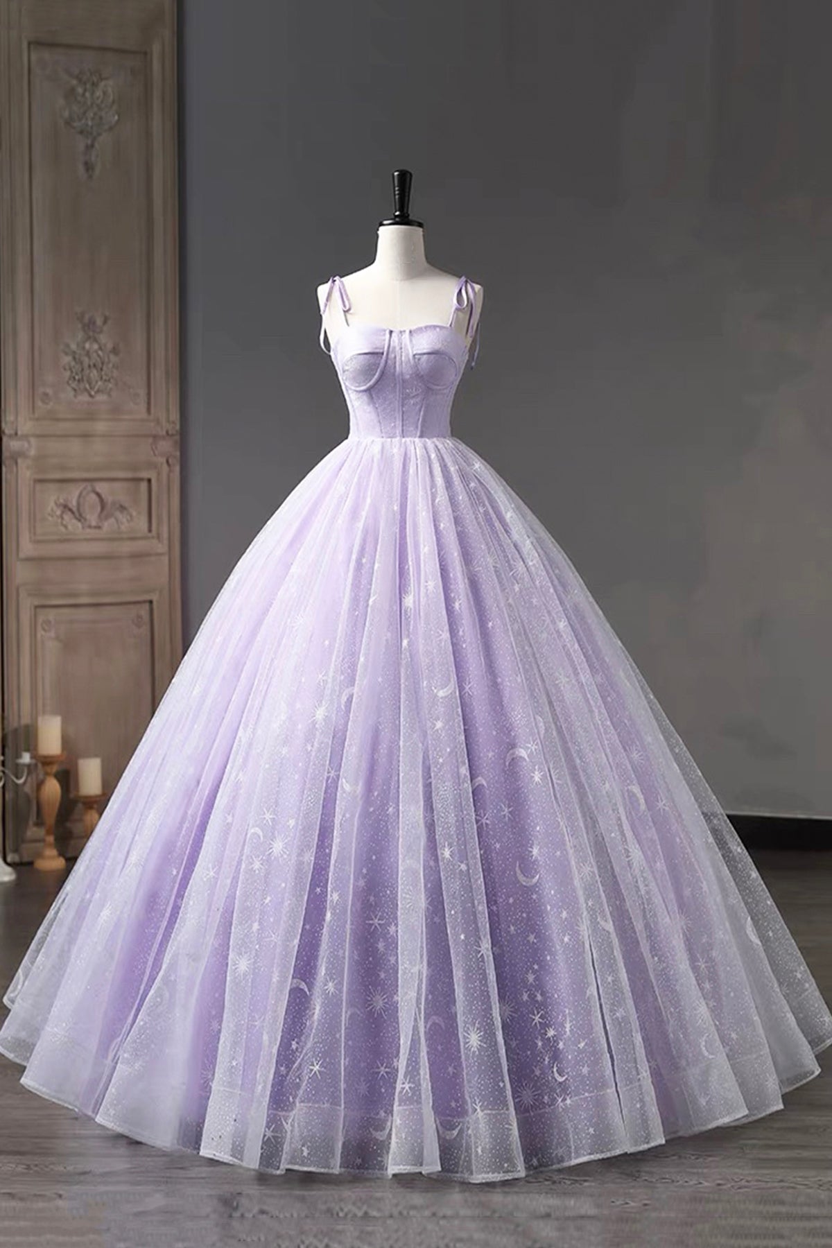 Lilac Glitter Tulle Prom Dress Spaghetti Strap Floor Length Backless Evening Party Dress