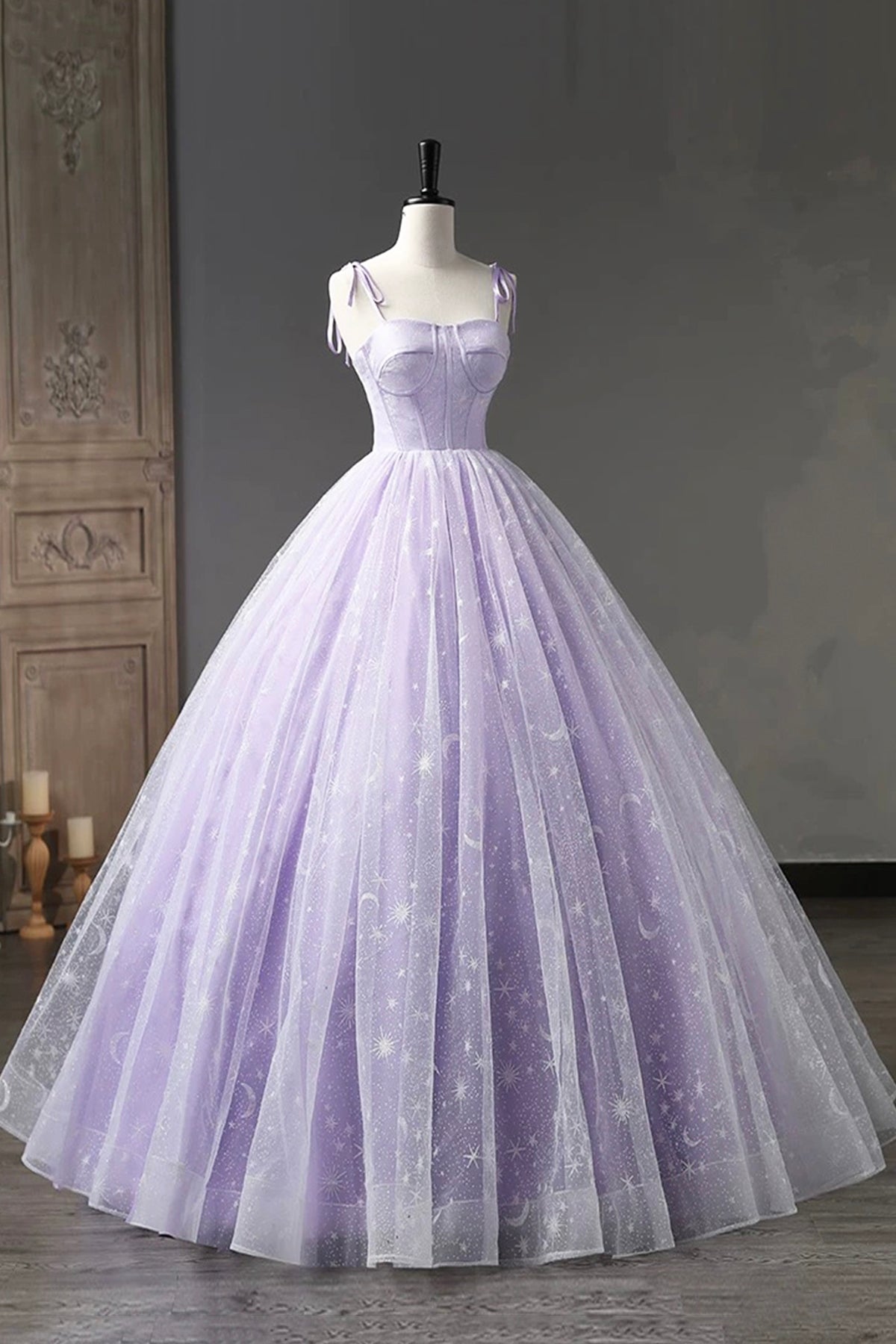 Lilac Glitter Tulle Prom Dress Spaghetti Strap Floor Length Backless Evening Party Dress