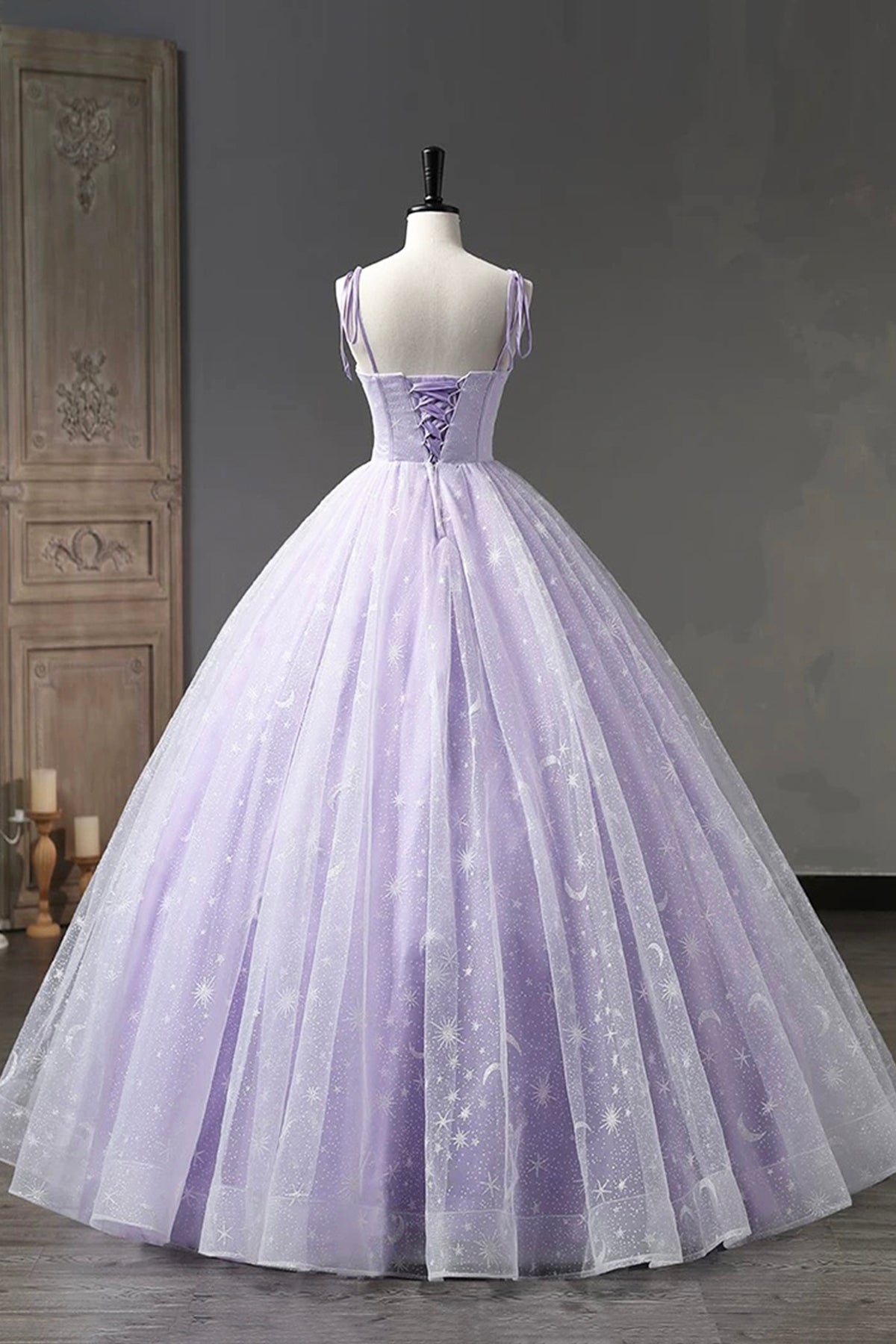 Lilac Glitter Tulle Prom Dress Spaghetti Strap Floor Length Backless Evening Party Dress