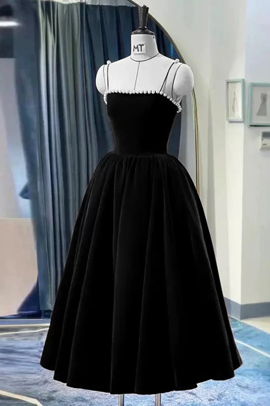 Black A-Line Elegant Prom Dresses Spaghetti Strap Pearls Velvet Midi Party Dresses