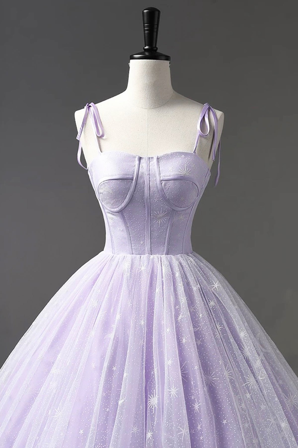 Lilac Glitter Tulle Prom Dress Spaghetti Strap Floor Length Backless Evening Party Dress