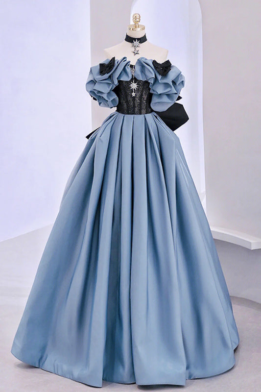 Elegant Off the Shoulder Long Formal Dress Blue Satin Lace Princess Evening Dress with Bow