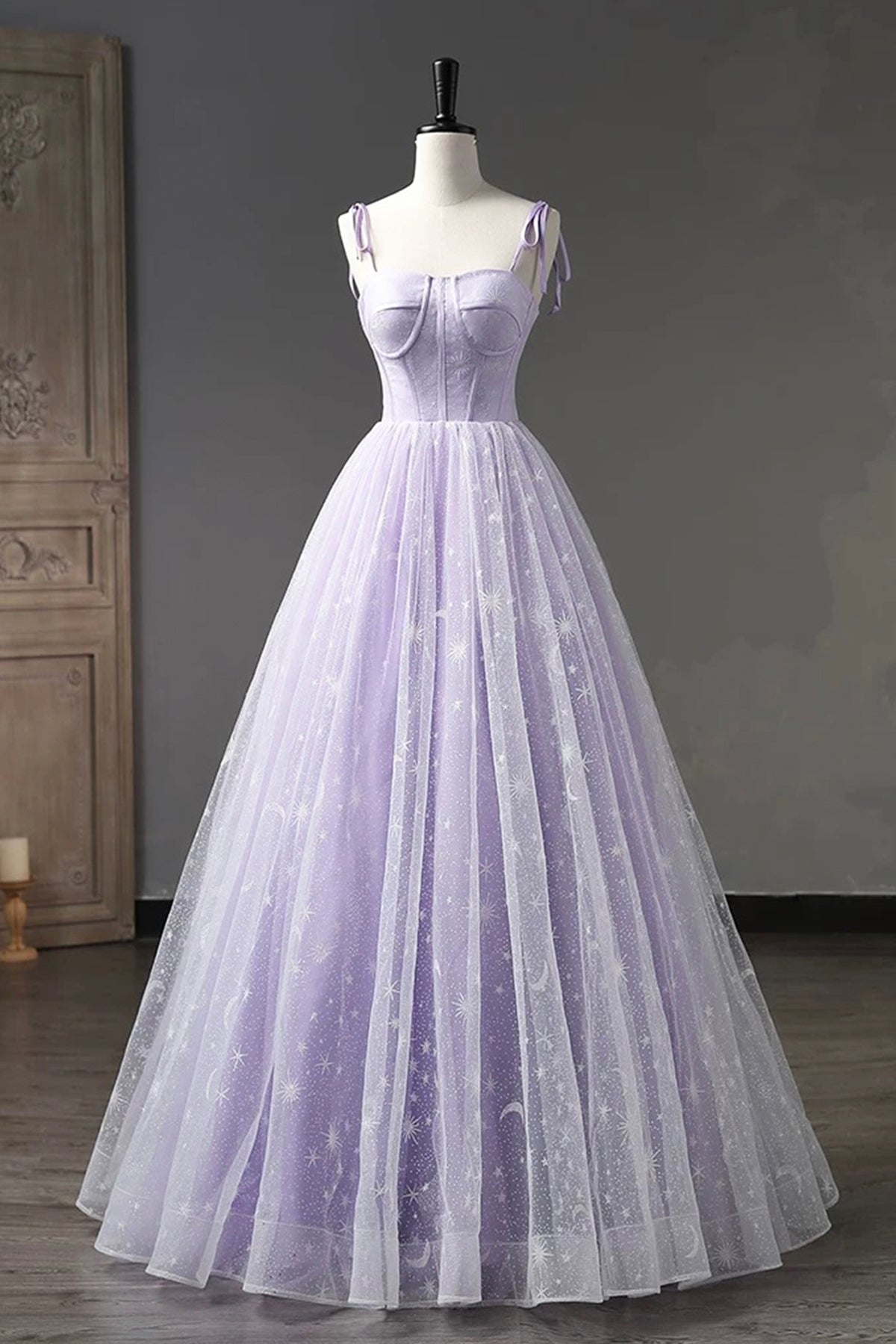 Lilac Glitter Tulle Prom Dress Spaghetti Strap Floor Length Backless Evening Party Dress