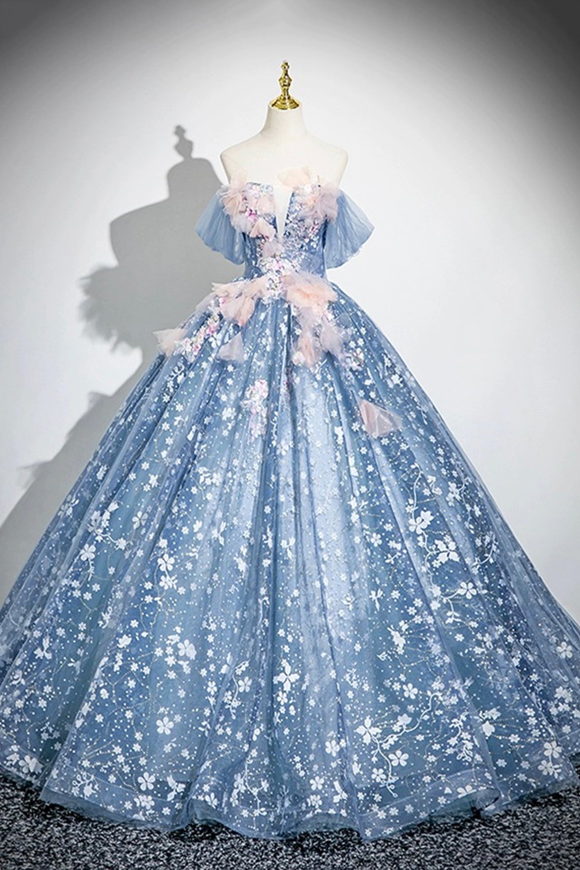 Princess Dress Blue Flower Floor Length Prom Dress Off the Shoulder Fairy Party Dress