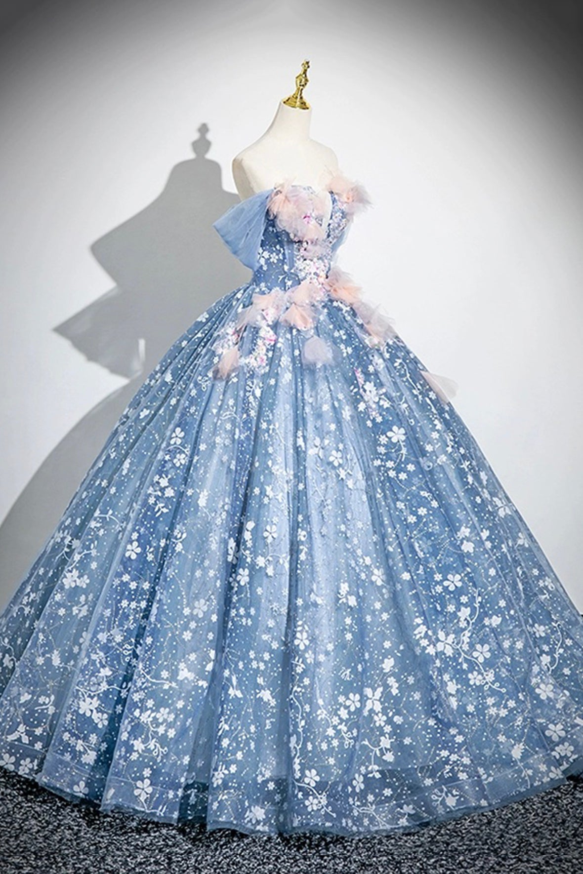 Princess Dress Blue Flower Floor Length Prom Dress Off the Shoulder Fairy Party Dress
