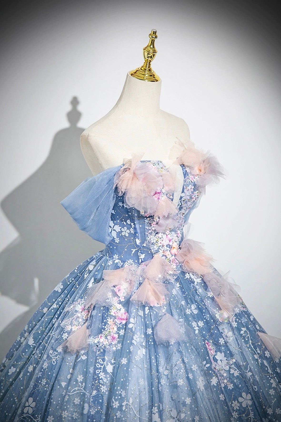 Princess Dress Blue Flower Floor Length Prom Dress Off the Shoulder Fairy Party Dress