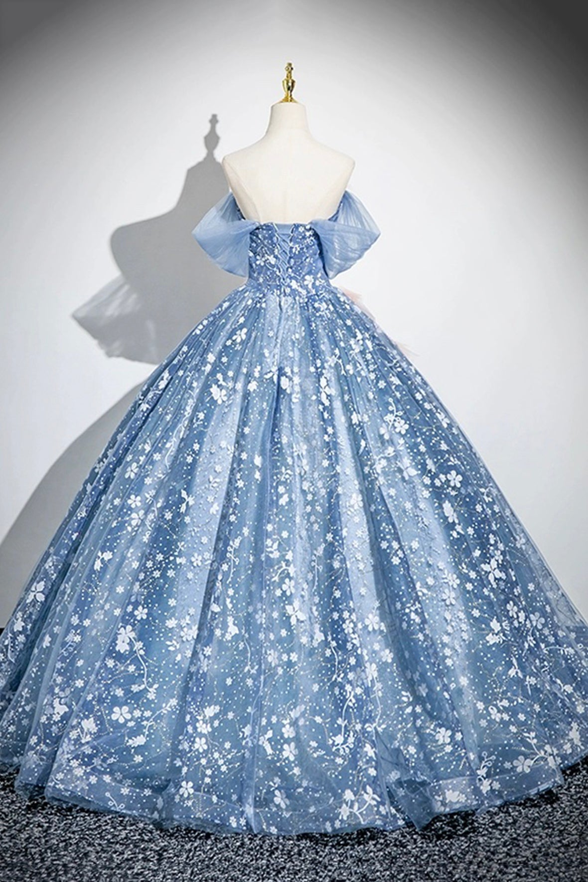 Princess Dress Blue Flower Floor Length Prom Dress Off the Shoulder Fairy Party Dress