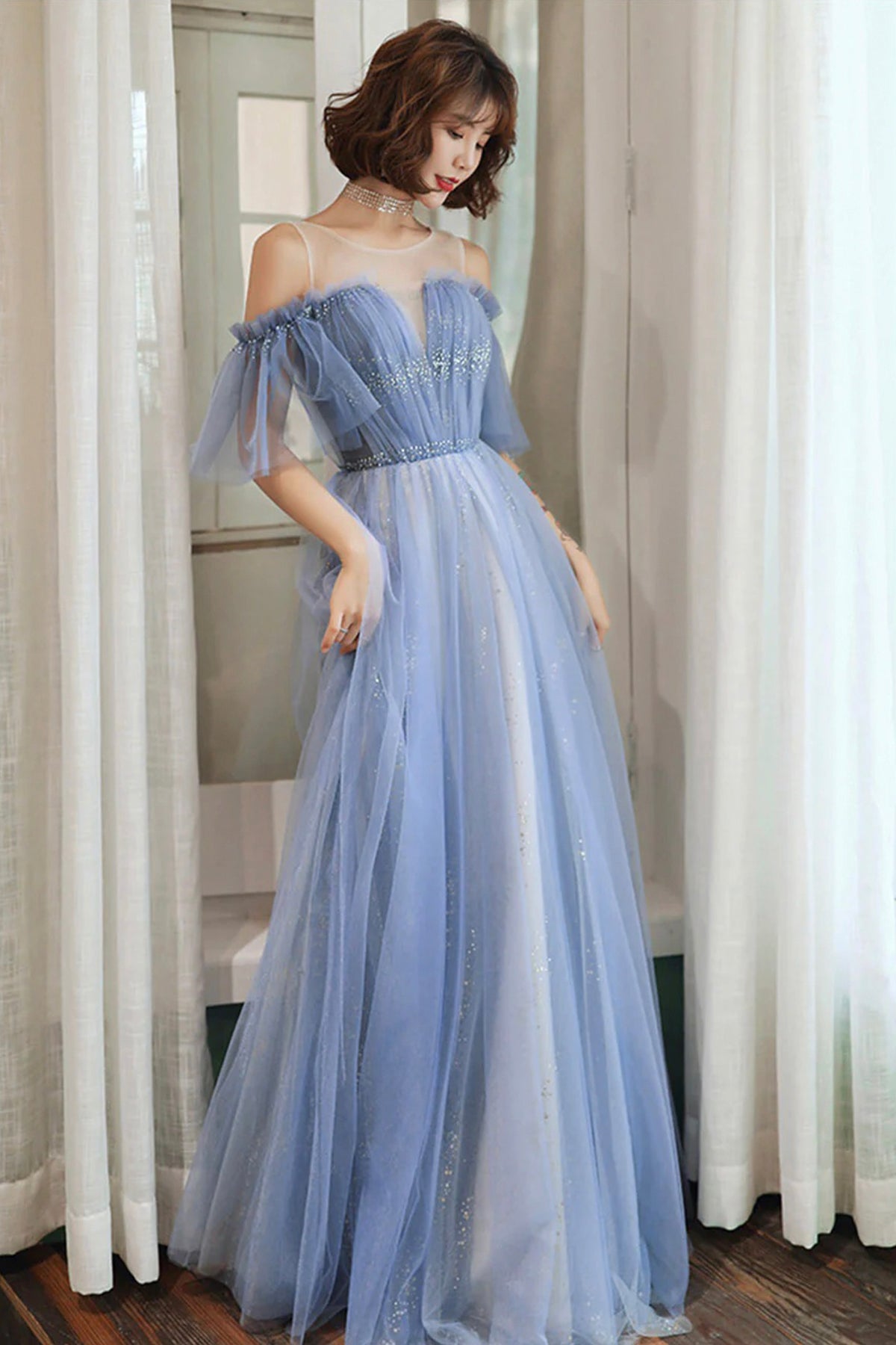 Blue Starry Sky Sequins Exquisite Evening Prom Gown Elegant A-Line Off the Shoulder Mesh Dress