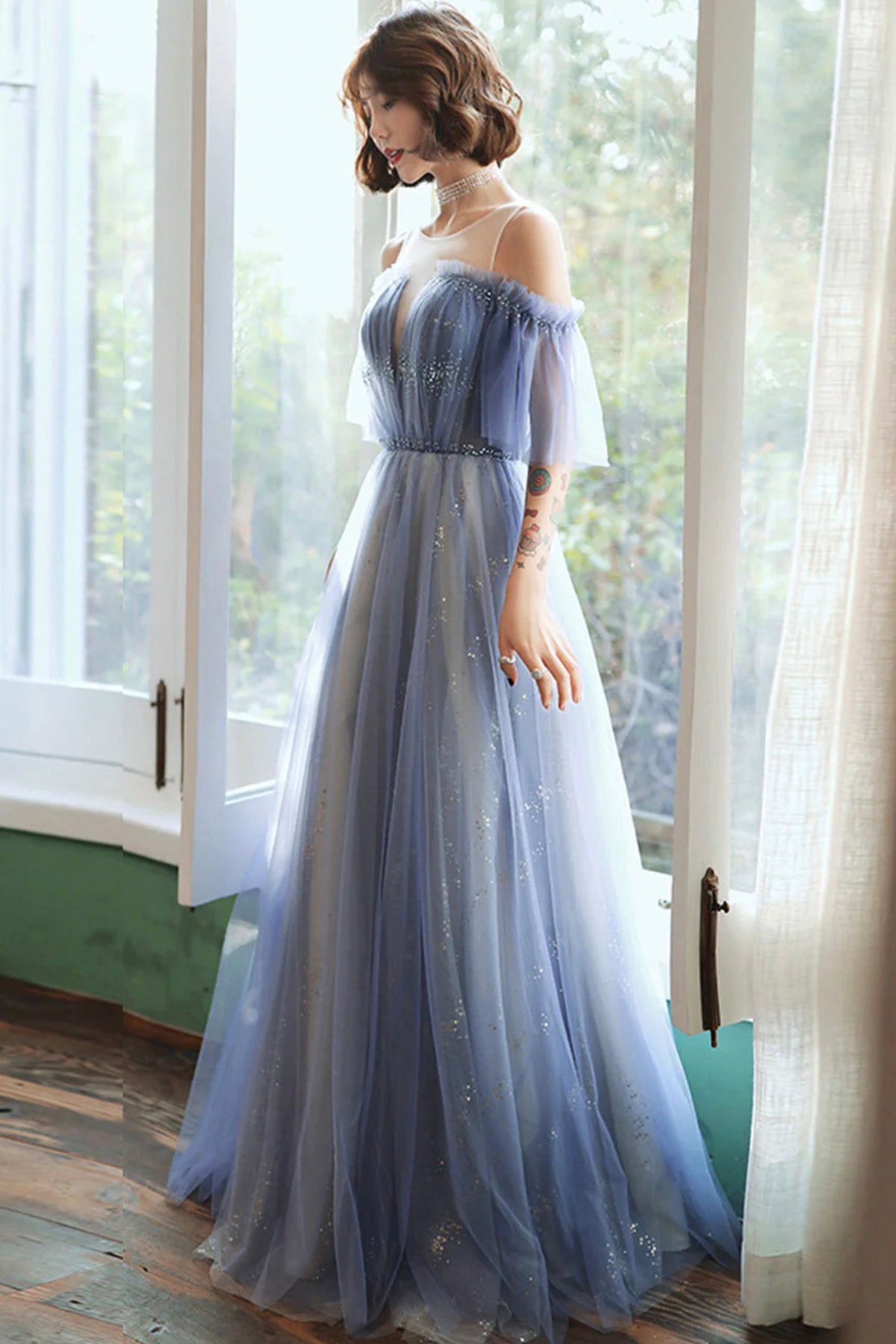 Blue Starry Sky Sequins Exquisite Evening Prom Gown Elegant A-Line Off the Shoulder Mesh Dress