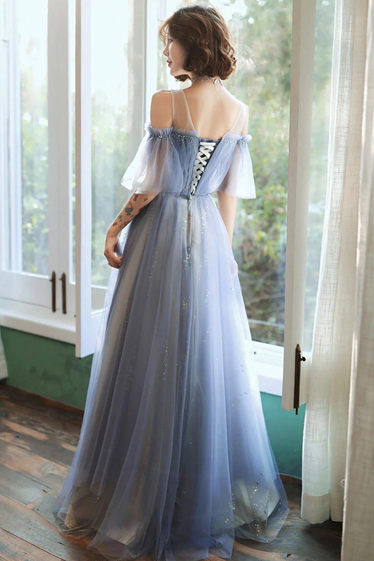 Blue Starry Sky Sequins Exquisite Evening Prom Gown Elegant A-Line Off the Shoulder Mesh Dress