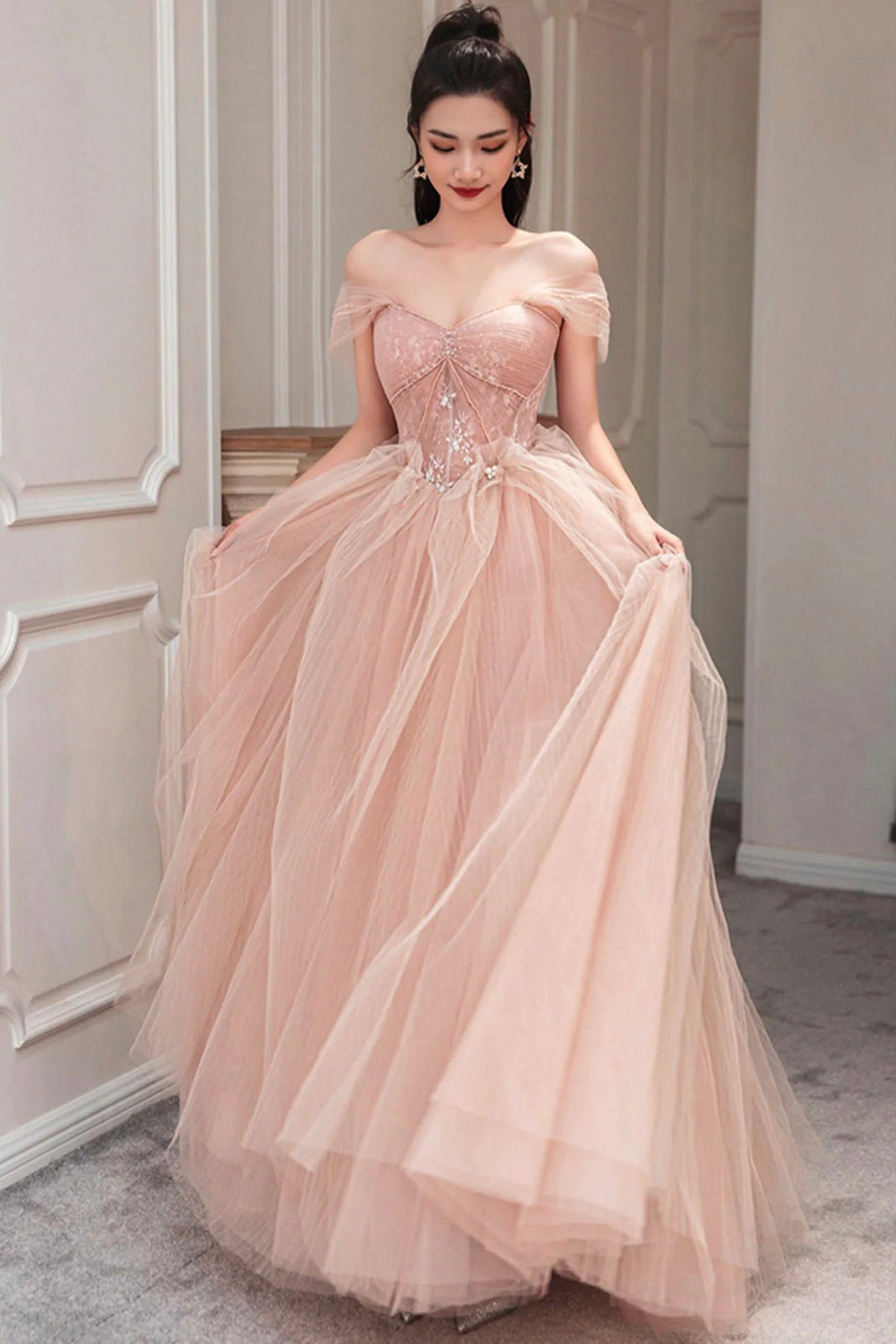 Beautiful Pink Off Shoulder Prom Dress A-Line Princess Tulle Floor Length Formal Dress