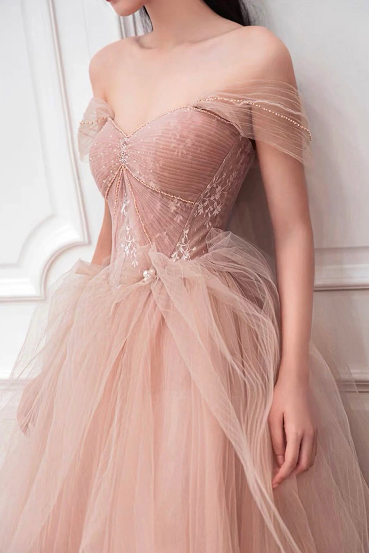 Beautiful Pink Off Shoulder Prom Dress A-Line Princess Tulle Floor Length Formal Dress