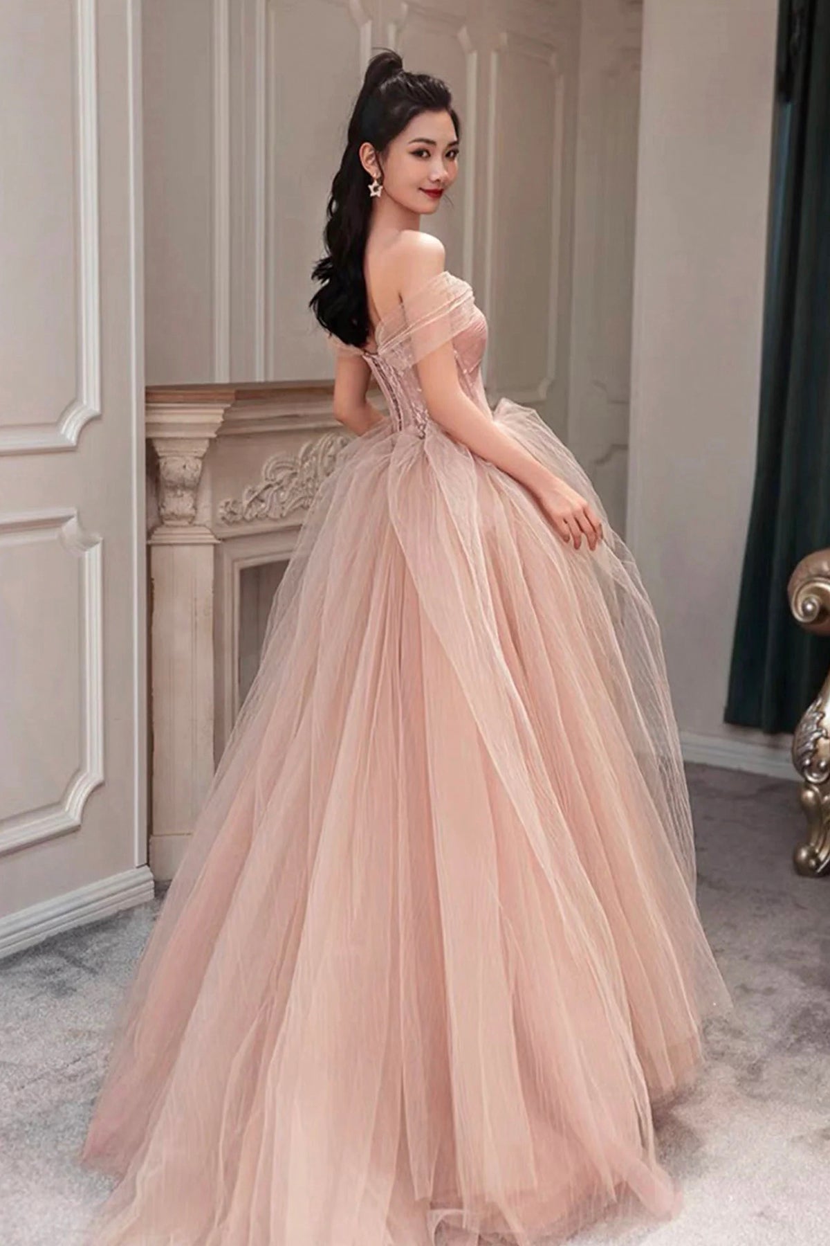 Beautiful Pink Off Shoulder Prom Dress A-Line Princess Tulle Floor Length Formal Dress