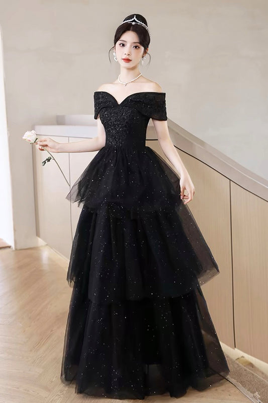 Party Dress Black Layered Glitter Tulle Prom Dress Off Shoulder Floor Length Evening Dress