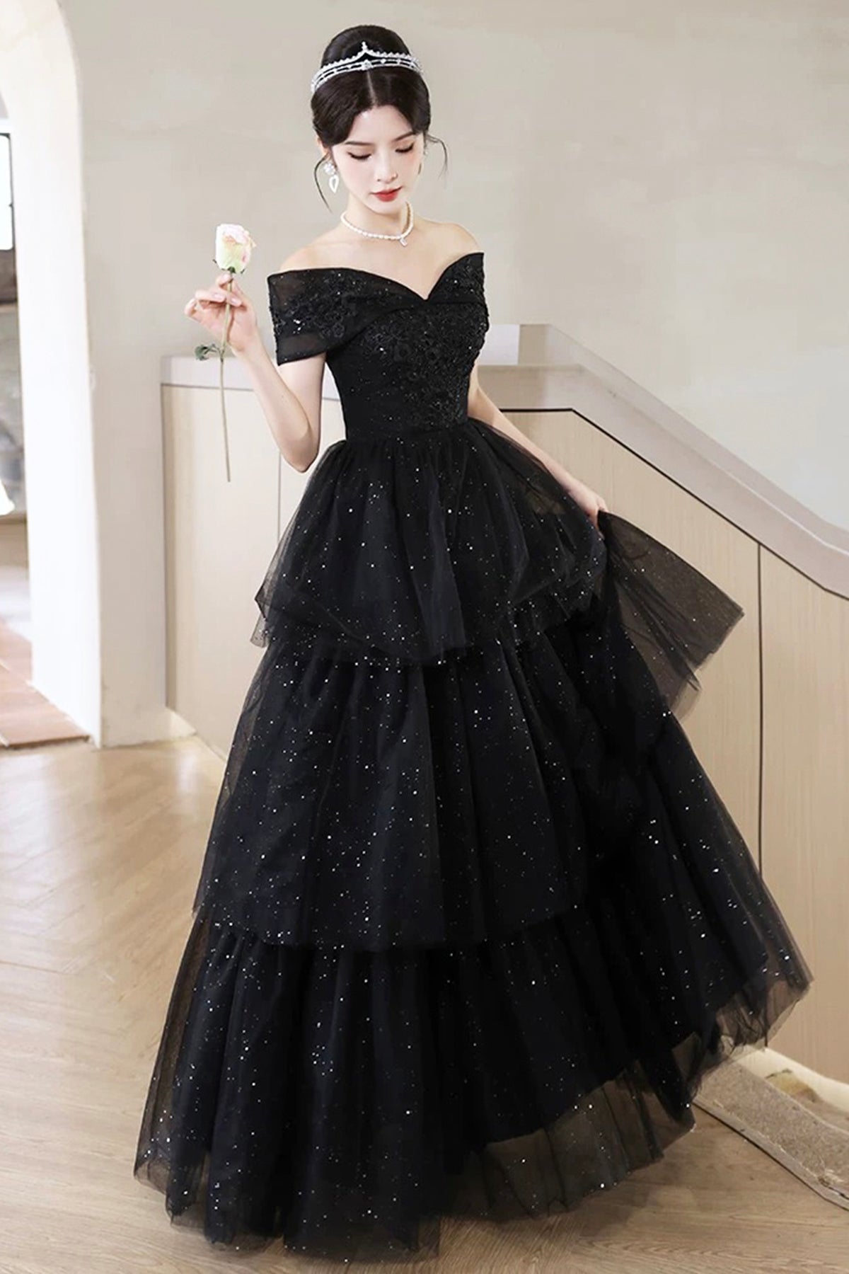 Party Dress Black Layered Glitter Tulle Prom Dress Off Shoulder Floor Length Evening Dress