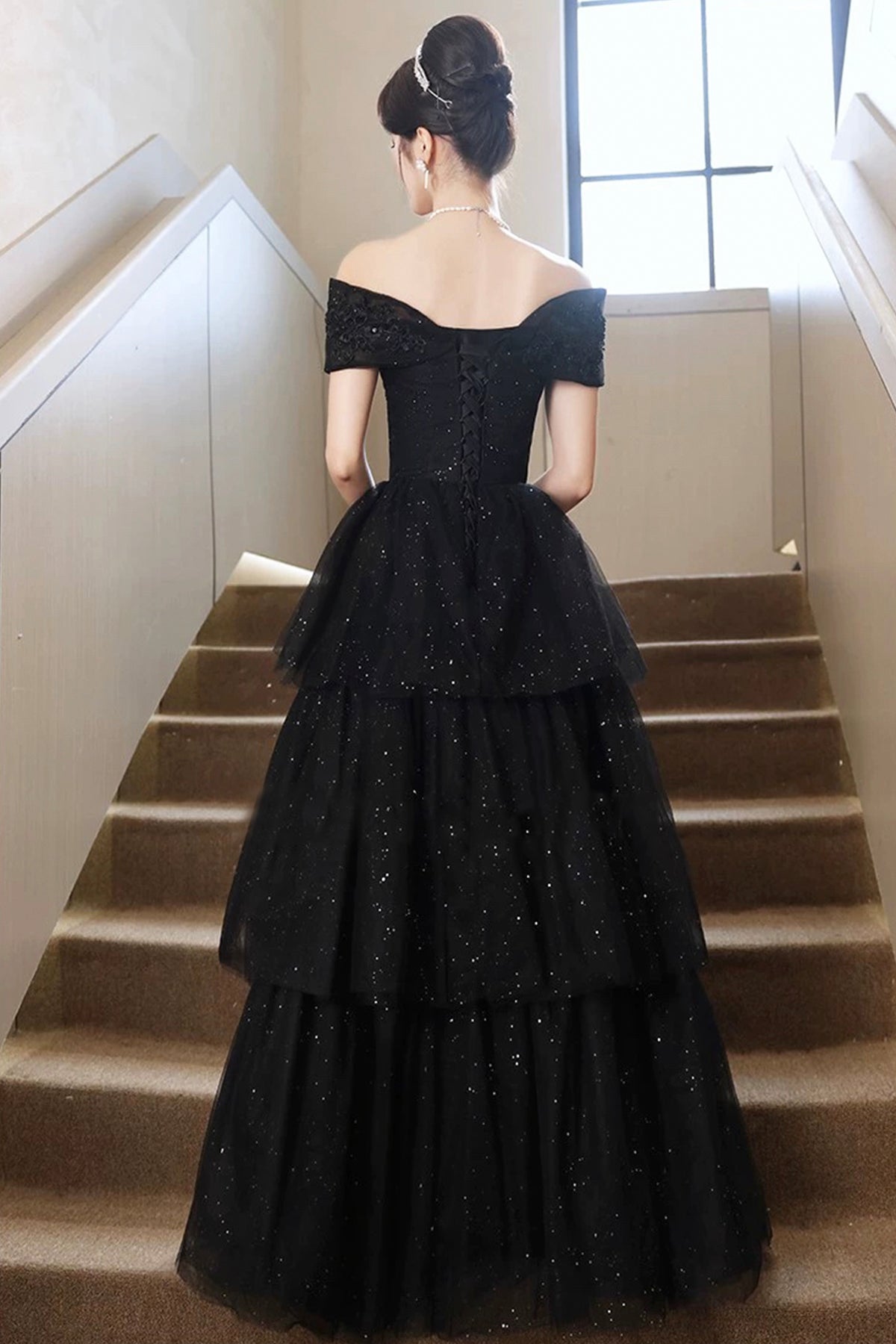 Party Dress Black Layered Glitter Tulle Prom Dress Off Shoulder Floor Length Evening Dress