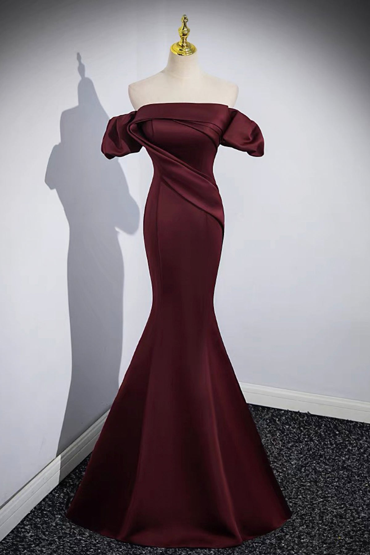 Burgundy Party Dress Floor Length Off Shoulder Satin Mermaid Formal Prom Dress