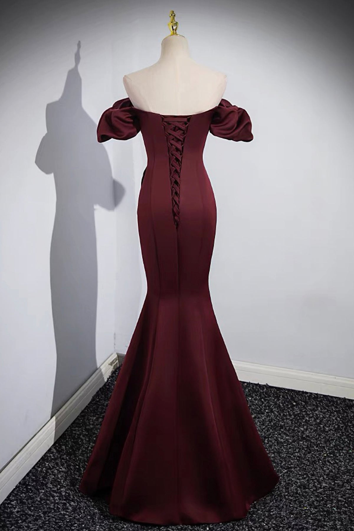 Burgundy Party Dress Floor Length Off Shoulder Satin Mermaid Formal Prom Dress