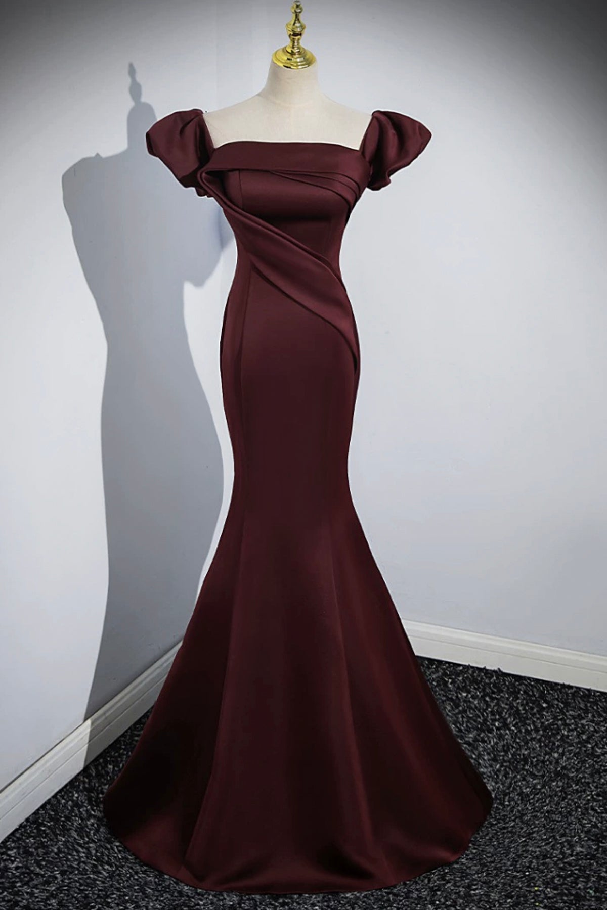 Burgundy Party Dress Floor Length Off Shoulder Satin Mermaid Formal Prom Dress