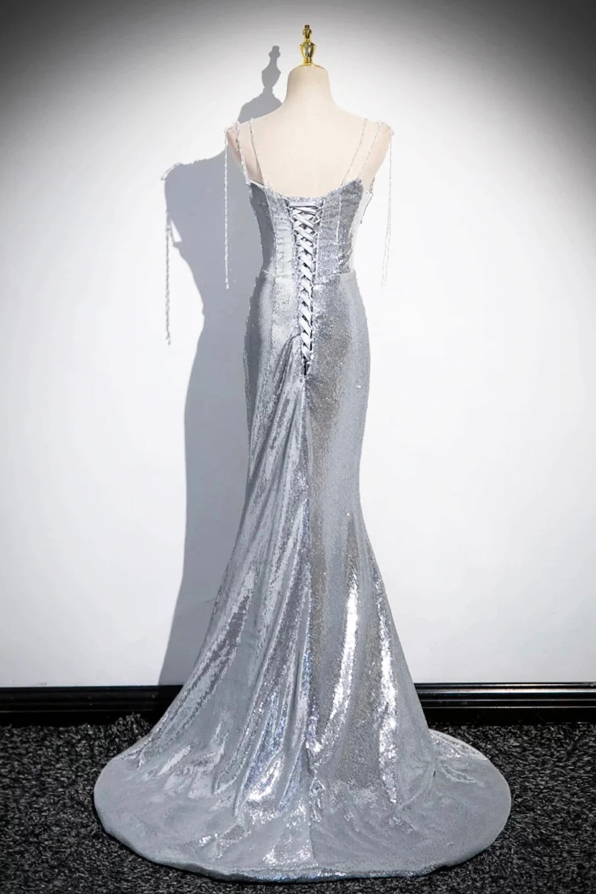 Silver Mermaid Evening Dress Spaghetti Strap Floor Length Women Formal Party Dress