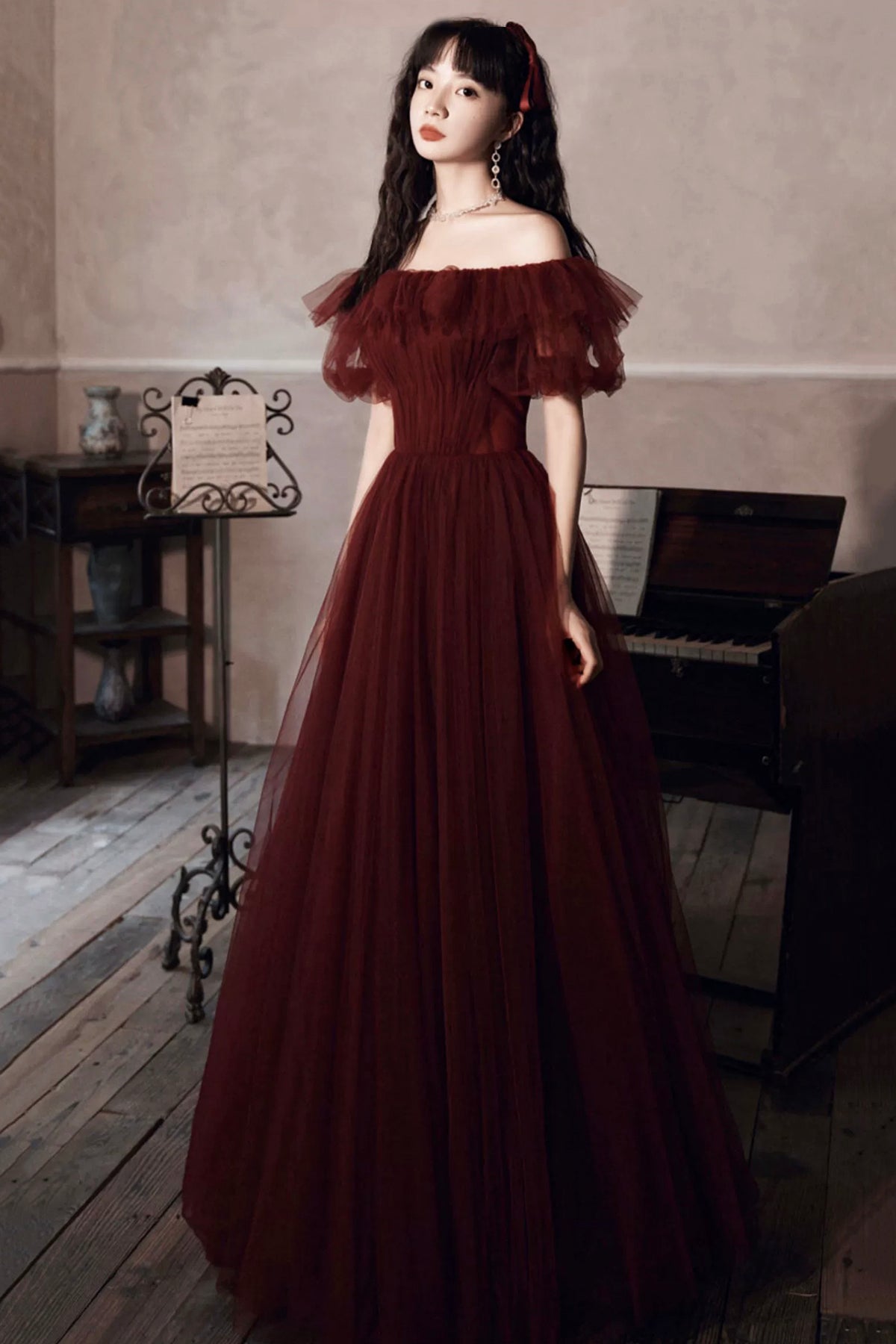 Off Shoulder Puffy Sleeve Evening Dress Burgundy Lace Up Tulle Prom Party Dress