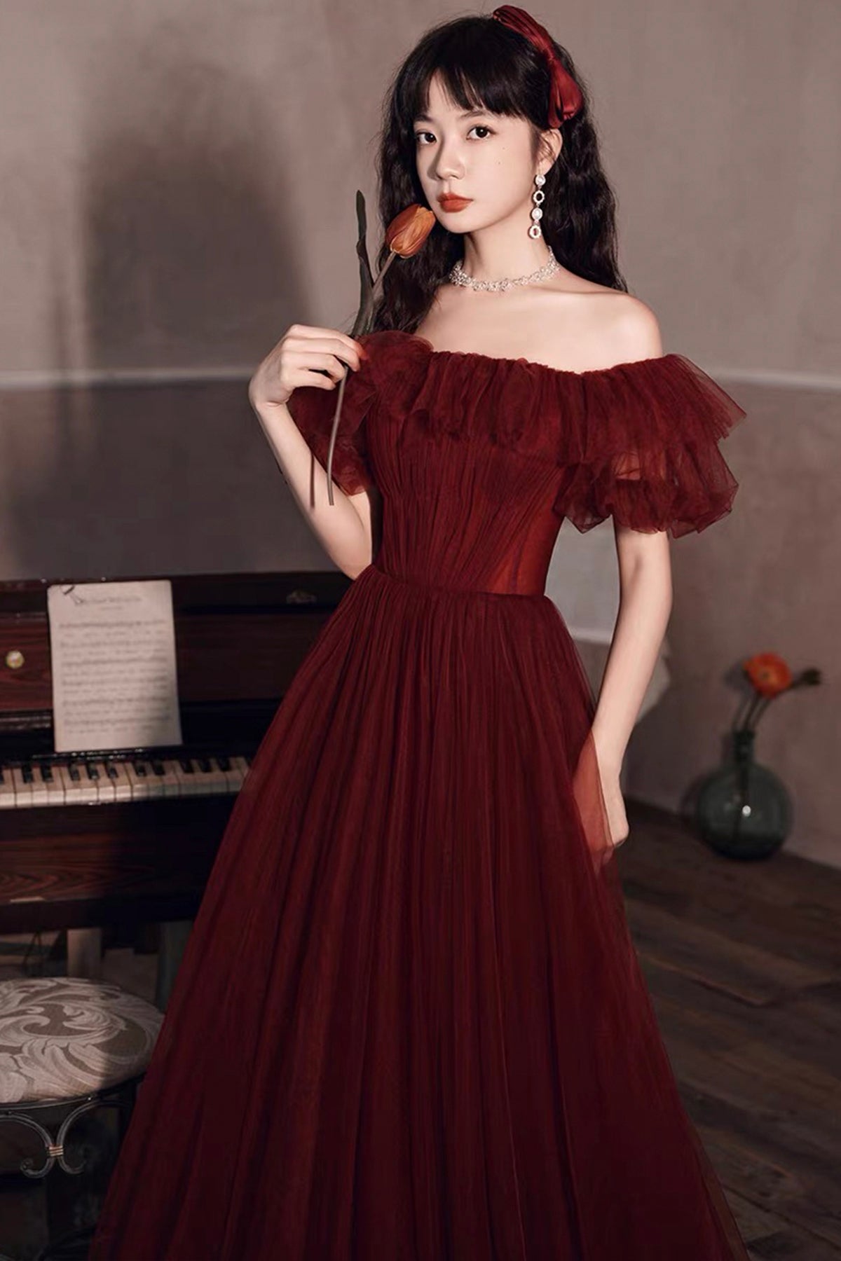 Off Shoulder Puffy Sleeve Evening Dress Burgundy Lace Up Tulle Prom Party Dress