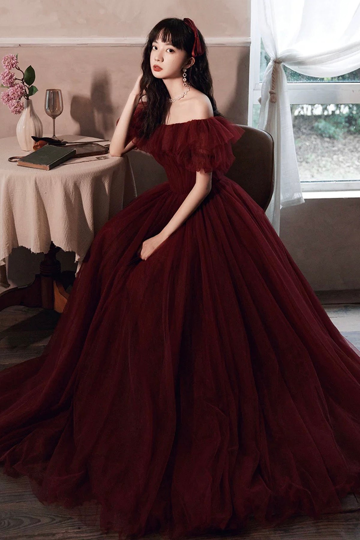 Off Shoulder Puffy Sleeve Evening Dress Burgundy Lace Up Tulle Prom Party Dress