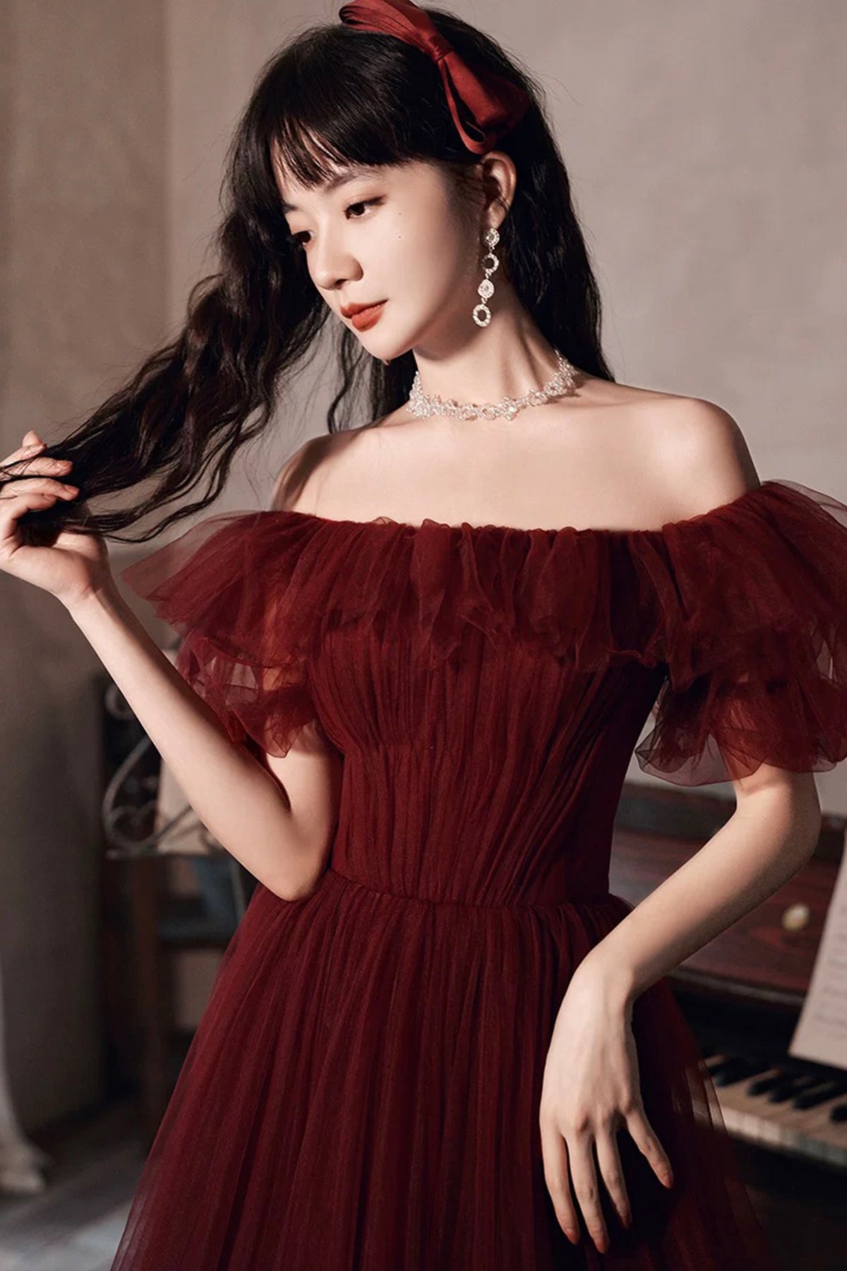 Off Shoulder Puffy Sleeve Evening Dress Burgundy Lace Up Tulle Prom Party Dress