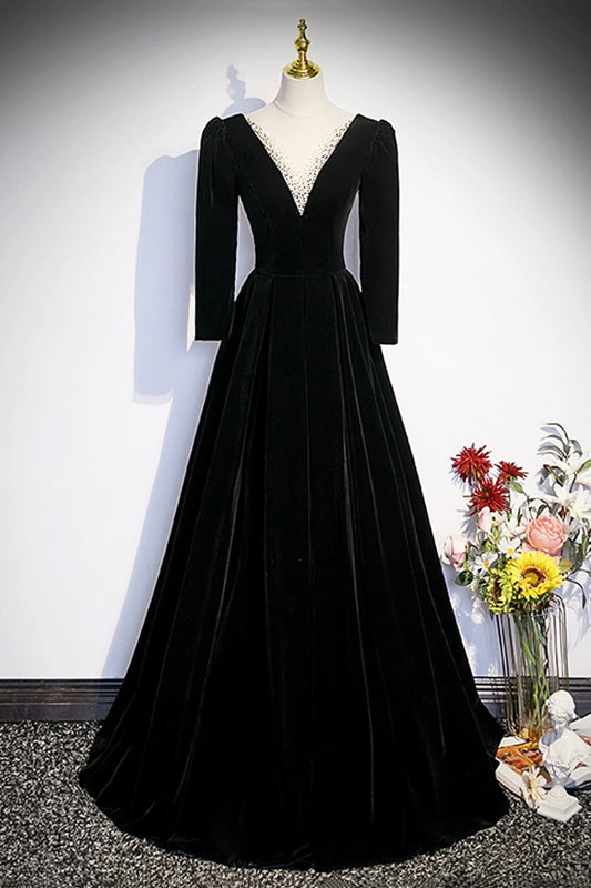 Elegant Black Velvet Evening Dress Elegant Long Sleeve Floor Length Lace-Up Formal Dress