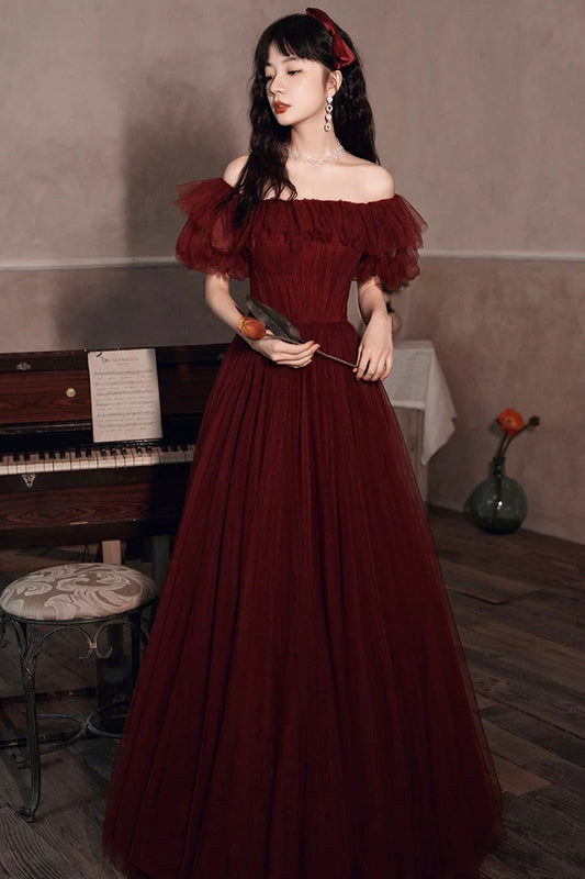 Off Shoulder Puffy Sleeve Evening Dress Burgundy Lace Up Tulle Prom Party Dress