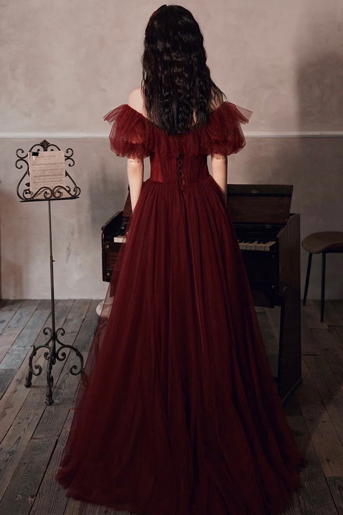 Off Shoulder Puffy Sleeve Evening Dress Burgundy Lace Up Tulle Prom Party Dress