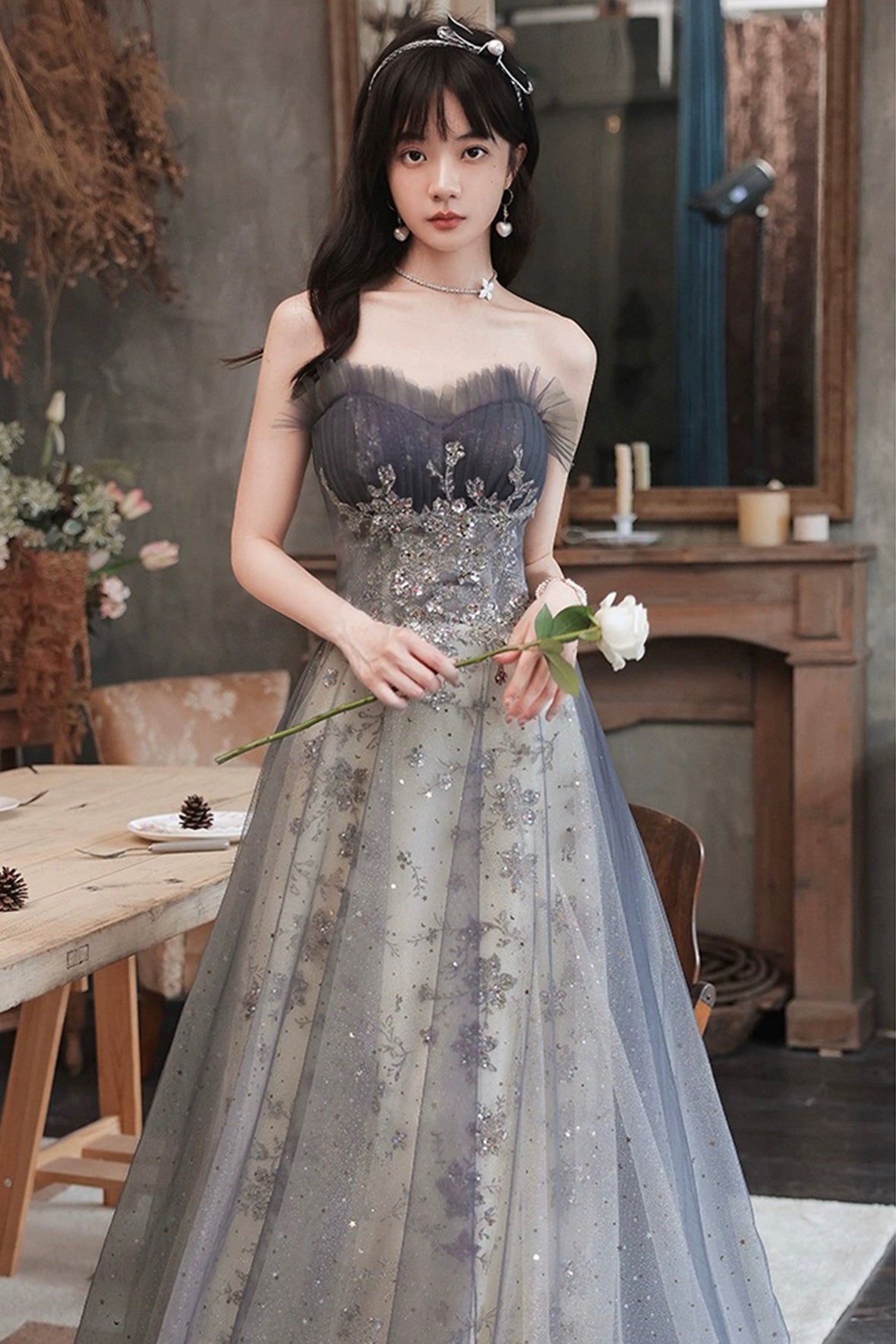 Grey Corset Evening Dress Grey Princess Formal Dress A-Line Tulle Sequins Party Gown