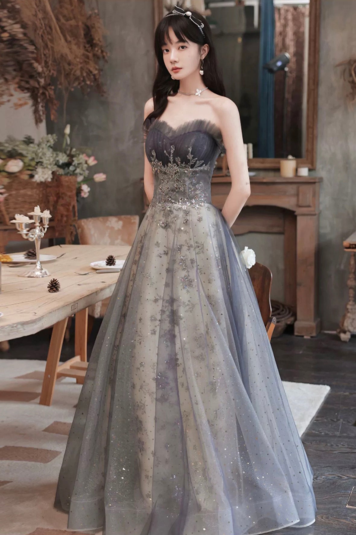 Grey Corset Evening Dress Grey Princess Formal Dress A-Line Tulle Sequins Party Gown