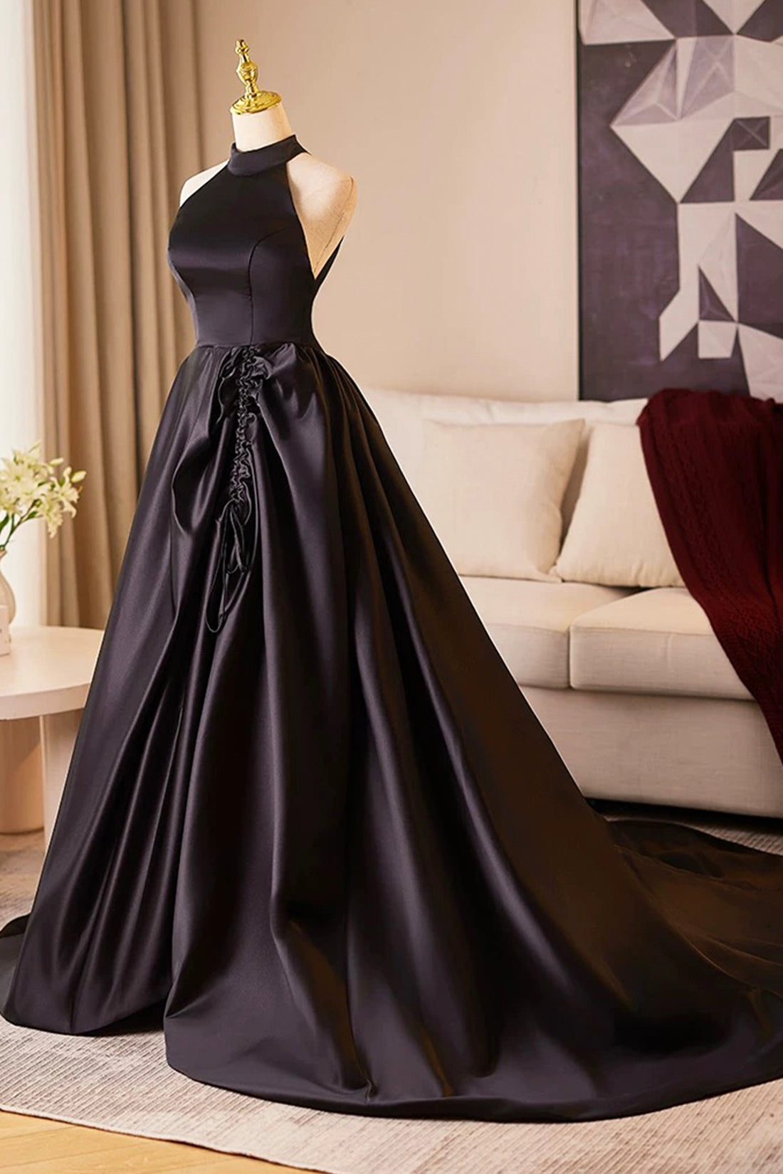 Evening Dress A-Line Black Satin Halter Backless Minimalist Floor Length Formal Dresses