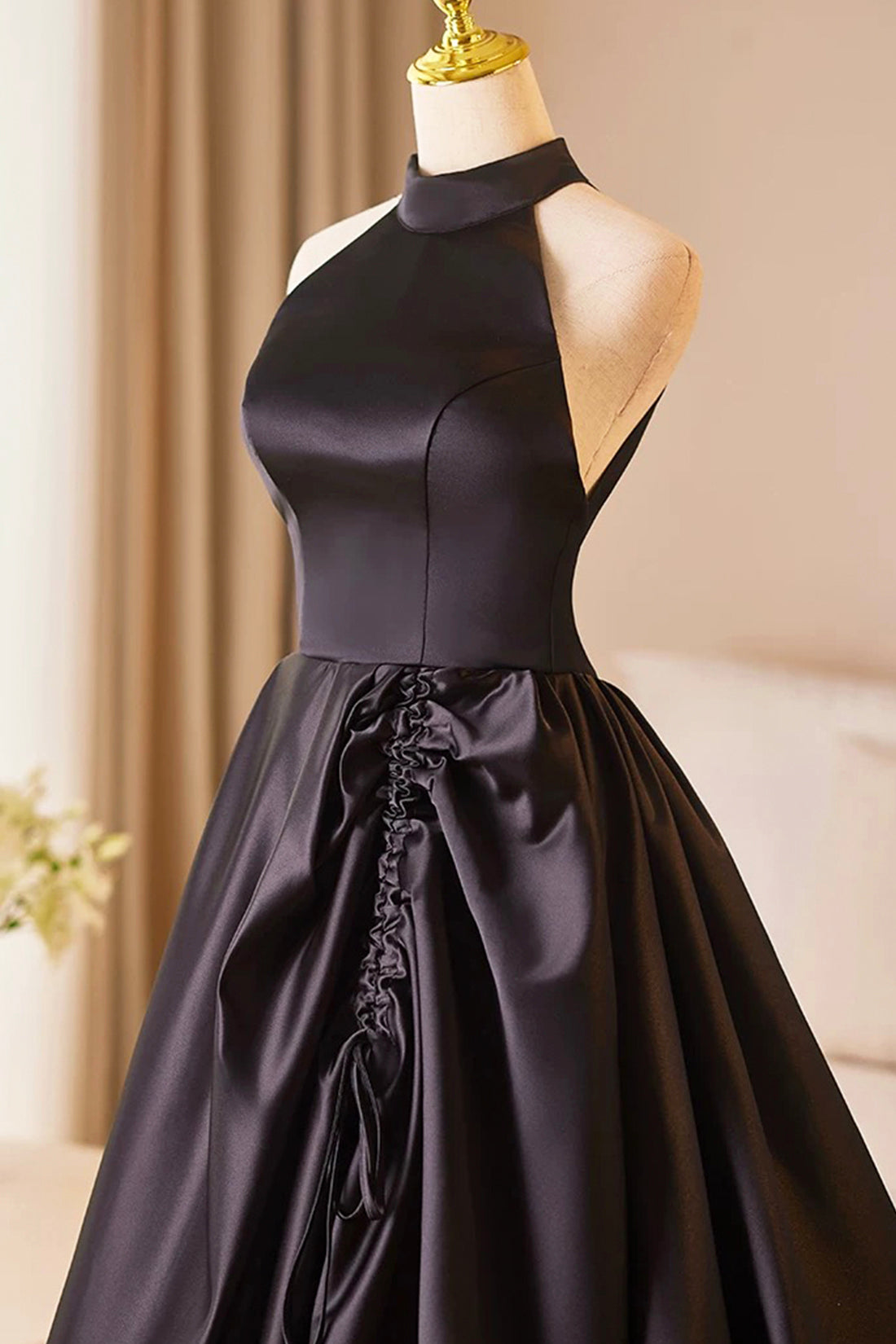 Evening Dress A-Line Black Satin Halter Backless Minimalist Floor Length Formal Dresses