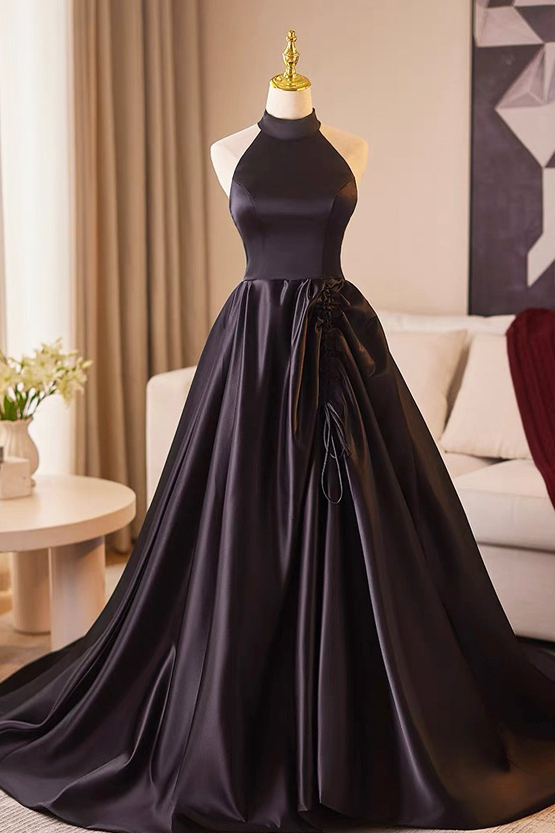 Evening Dress A-Line Black Satin Halter Backless Minimalist Floor Length Formal Dresses