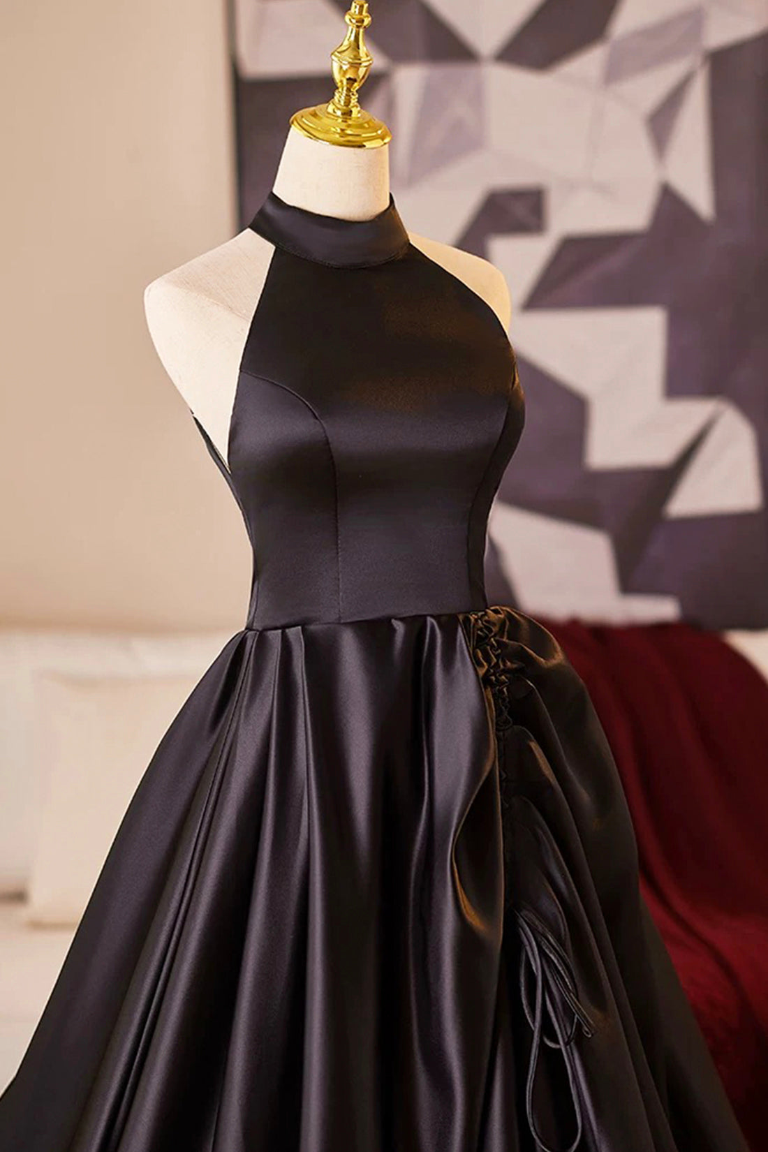 Evening Dress A-Line Black Satin Halter Backless Minimalist Floor Length Formal Dresses