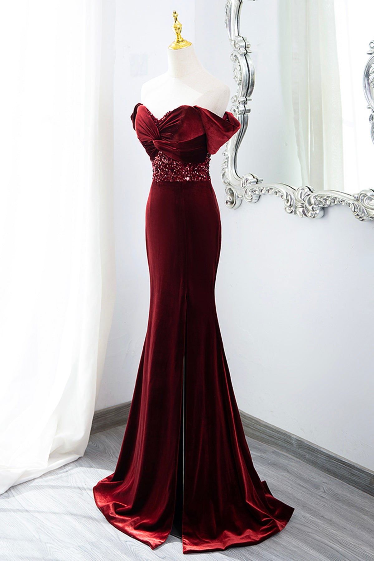 Elegant Velvet Sequins Evening Dress Burgundy Mermaid Off Shoulder Party Formal Dress