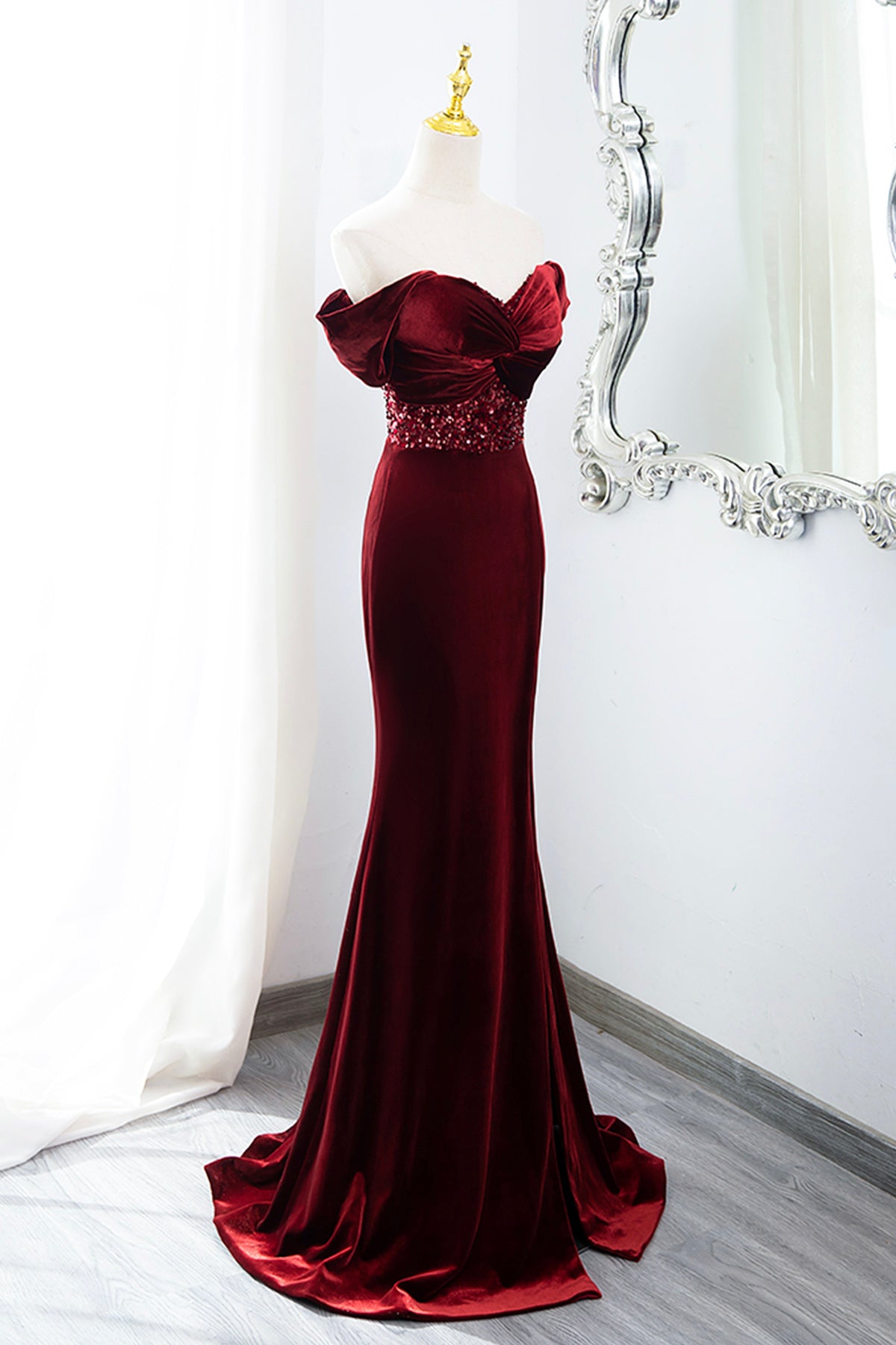 Elegant Velvet Sequins Evening Dress Burgundy Mermaid Off Shoulder Party Formal Dress