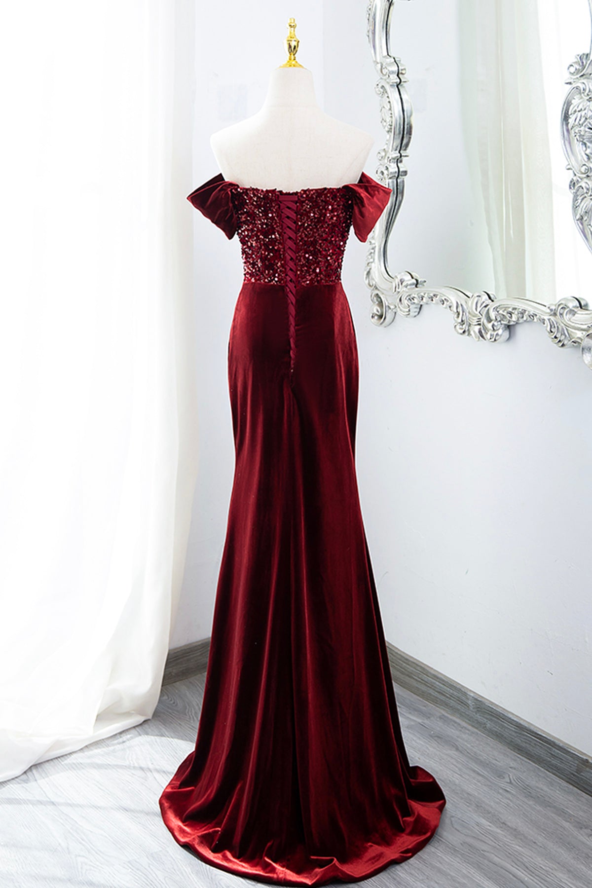 Elegant Velvet Sequins Evening Dress Burgundy Mermaid Off Shoulder Party Formal Dress