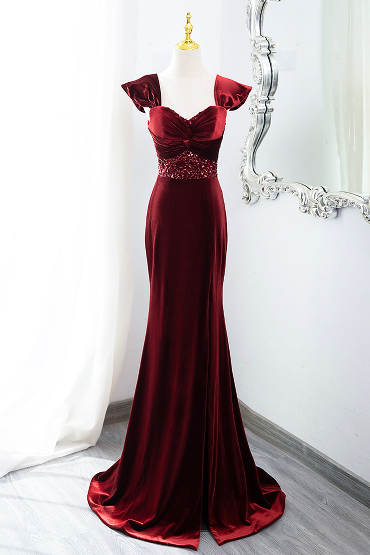 Elegant Velvet Sequins Evening Dress Burgundy Mermaid Off Shoulder Party Formal Dress