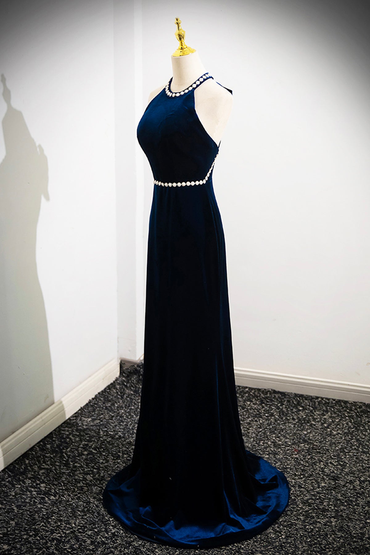 Blue Evening Dress Mermaid Velvet Prom Dress Blue Backless Party Dress with Bow