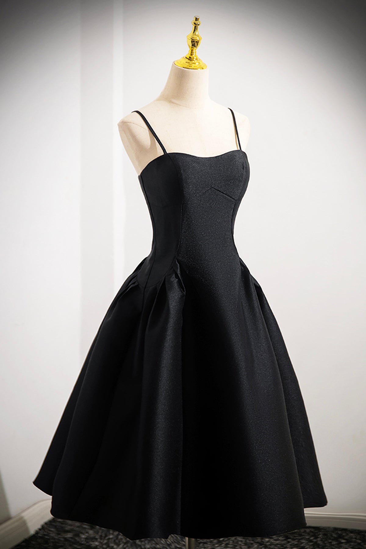 Black Satin Spaghetti Strap A-Line Evening Formal Dress Black Knee Length Party Dress