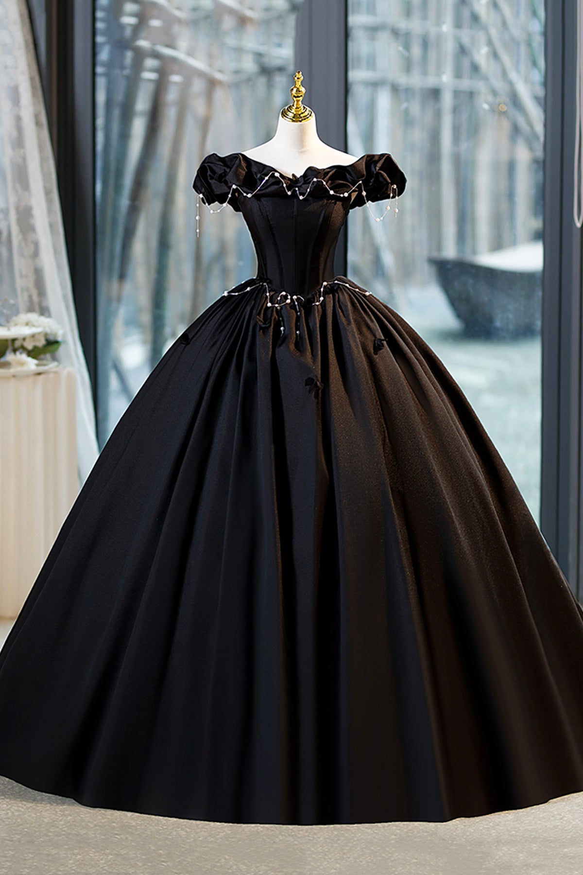 Ball Gown Black A-Line Corset Floor Length Formal Dress Elegant Satin Princess Evening Dress