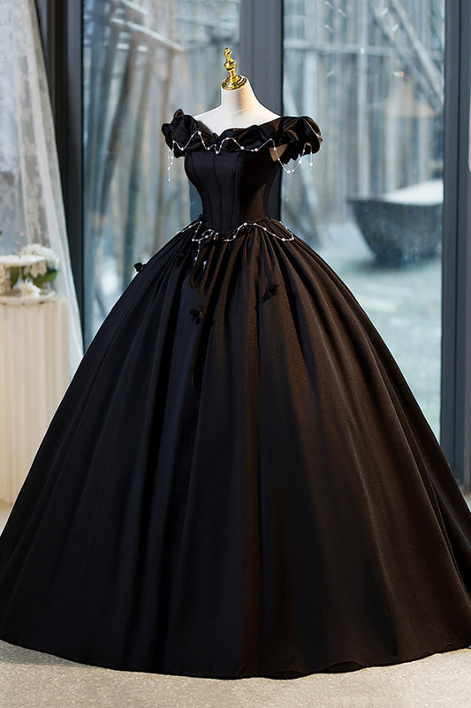 Ball Gown Black A-Line Corset Floor Length Formal Dress Elegant Satin Princess Evening Dress